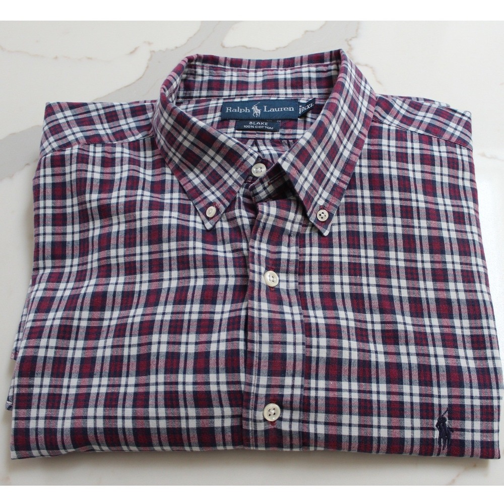 Ralph Lauren Blake Button Down Men XXL Burgundy Plaid Cotton Long Sleeve Shirt - Picture 2 of 10